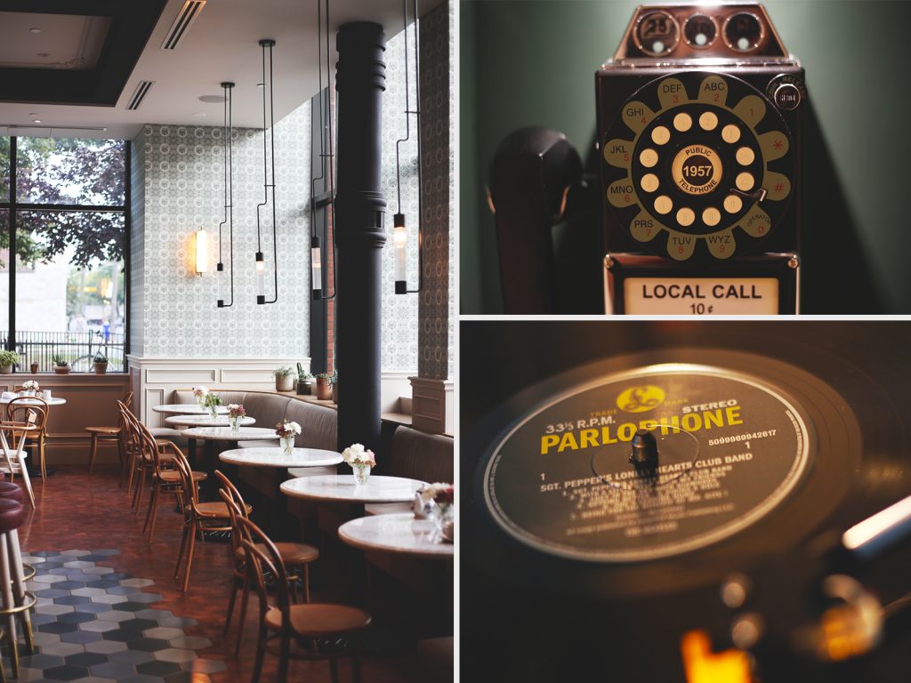 Left: The Broadview's Lobby Café+Bar. Right: Fun design touches around the hotel include payphones in the hallway and turntables in the rooms.